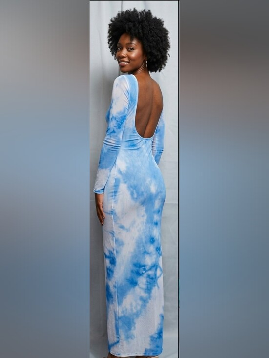 Fashion Nova Dresses & Skirts - Fashion Nova Blue Tie-Dye Long Sleeve Maxi Dress with Open Back